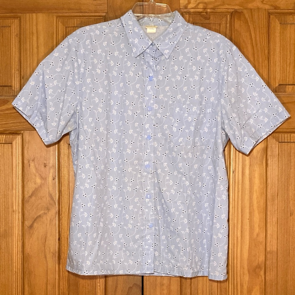 EUC Boca Bay Vintage 90s Top Short Sleeve Blouse Blue White Size L Large